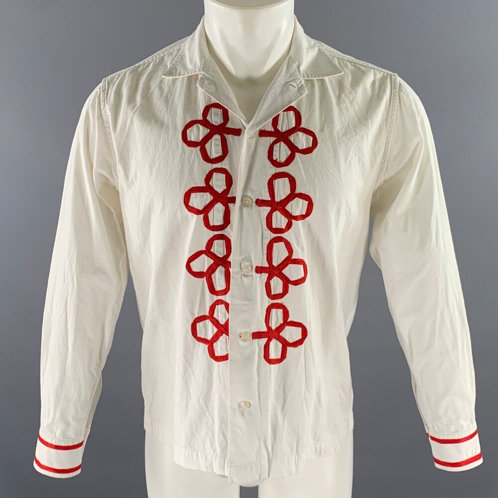 BODE Size S White Red Embroidery Cotton Camp Collar Long Sleeve Shirt
